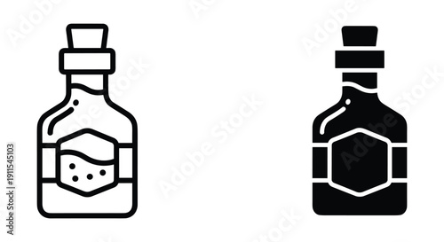 Black and White Illustration of Whiskey Bottles with Labels and Stopper