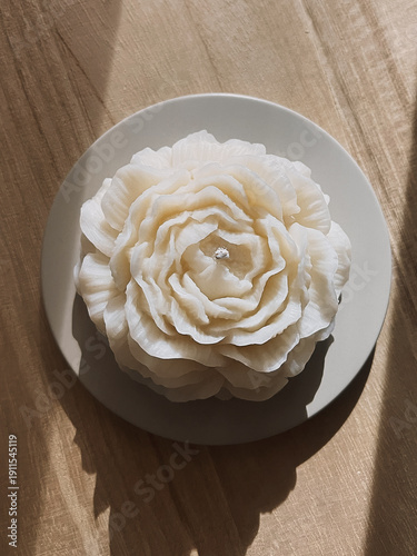 Natural soy wax candles shaped as peony flower. Sculptural handmade candle for home decor