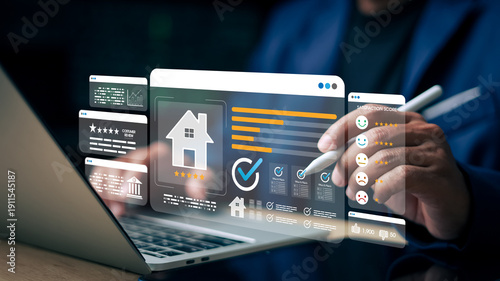 Business reviewing real estate property rating and customer satisfaction dashboard on laptop with digital interface, star reviews, and feedback evaluation system.