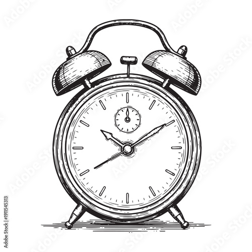 alarm clock with ringing motion lines vintage hand-drawn engraving style.