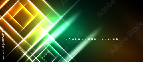 Abstract geometric lines create vibrant glowing effect. Dark background emphasizes bright colors, modern design element.