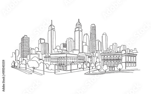Modern metropolitan city skyline featuring skyscrapers and urban architecture minimalist line art style.
