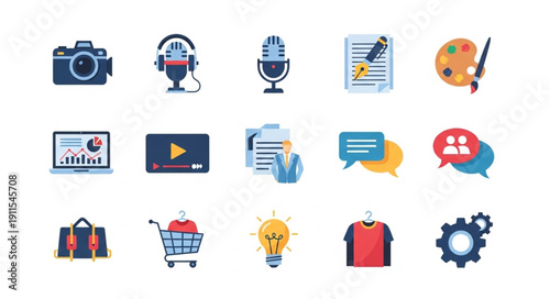 Collection of modern flat icons representing digital media and business concepts.