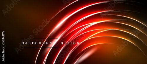 Abstract neon lines create dynamic curved shapes. Warm orange, red hues dominate dark background. Modern design element.
