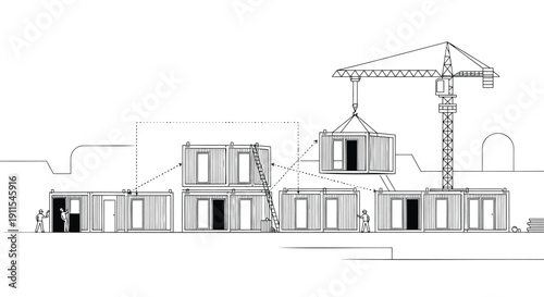 Vector illustration of a building construction site with a crane lifting a prefabricated module