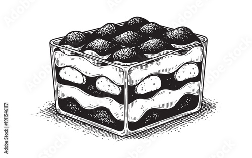 Square glass container filled with layered Italian tiramisu dessert topped with cocoa powder vintage engraving style.