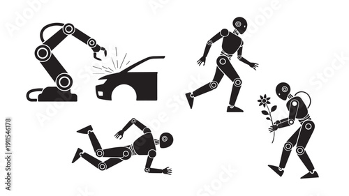 Vector Illustration Of Industrial Robot And Humanoid Robots In Various Actions For Technology And Industry Concept