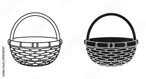 Hand drawn woven wicker picnic basket isolated on white background vector illustration
