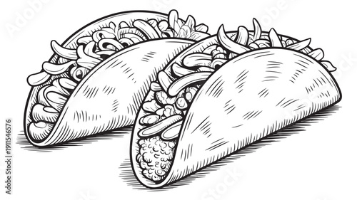 Tacos with Fillings in Hand-Drawn Style with High Contrast Lighting on White Background for Mexican Cuisine