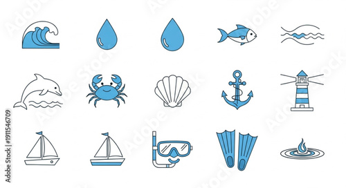 Collection of nautical and ocean themed icons and symbols.