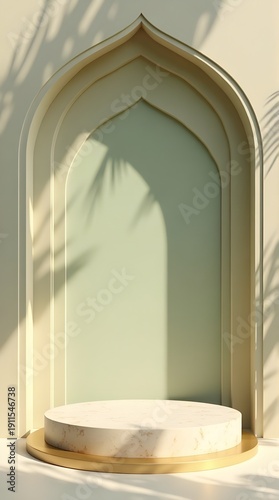 Elegant archway with marble podium in soft golden light
