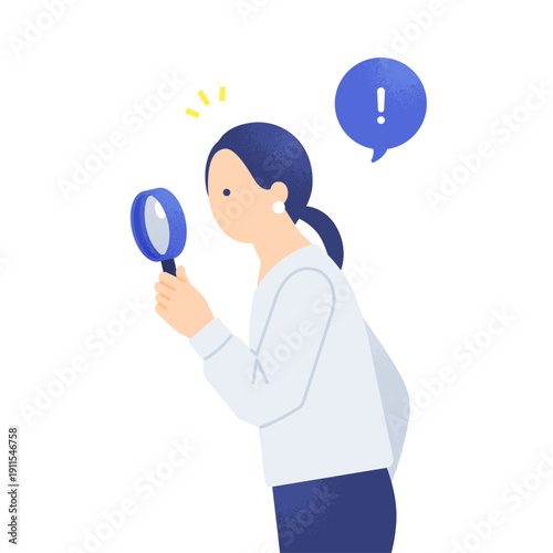虫眼鏡で詳細をチェック。調査で気付きを得る女性のベクターイラスト素材。