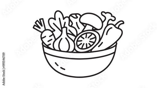 Fresh vegetables in bowl with lemon slice in simple line art style on white background for healthy eating illustration