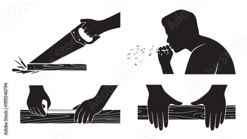Vector Illustration Of Silhouette Hands Cutting Wood And Person Coughing From Dust For Construction And Health Safety Concepts