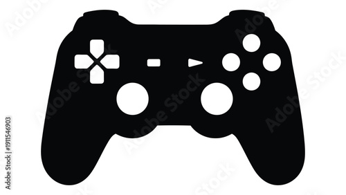 A black and white illustration of a video game controller with various buttons. Vector
