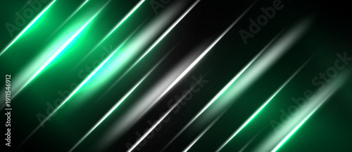 Abstract diagonal lines create vibrant green, silver gradients. Dark background emphasizes luminous streaks, modern design.
