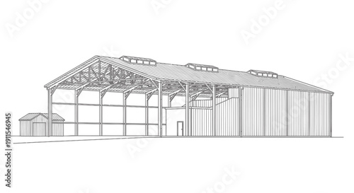 Vector illustration of a large industrial warehouse building with a gable roof and open structure