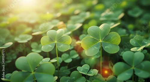 Vibrant green clover leaves in sunlight