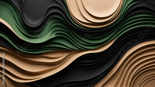 Abstract Luxury 3D Paper Cut Background in Black, Beige, and Green Curves
