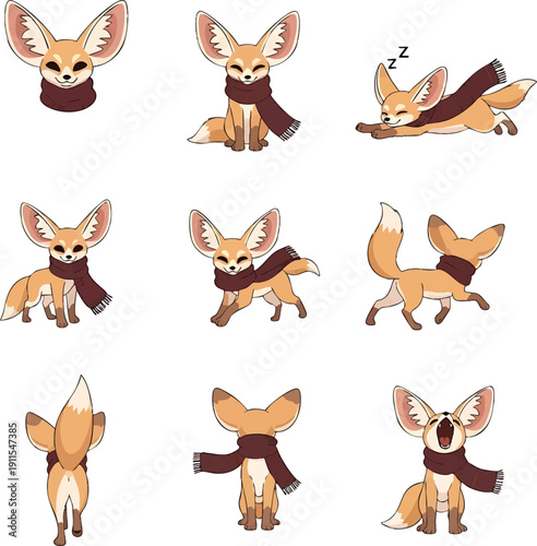 Cartoon Fennec Fox Character Collection Wearing Scarves in Various Poses and Emotions