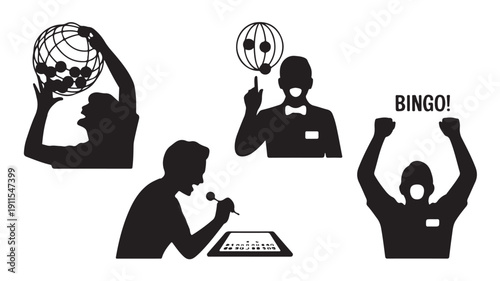 Vector Illustration Of Silhouette People Playing Bingo Game For Gaming And Entertainment Concept