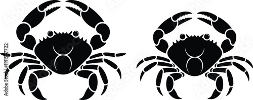 Black crab silhouette illustration featuring two symmetrical crabs with raised claws, detailed legs, and shell texture, creative marine artwork design symbolizing sea life, balance, and nature