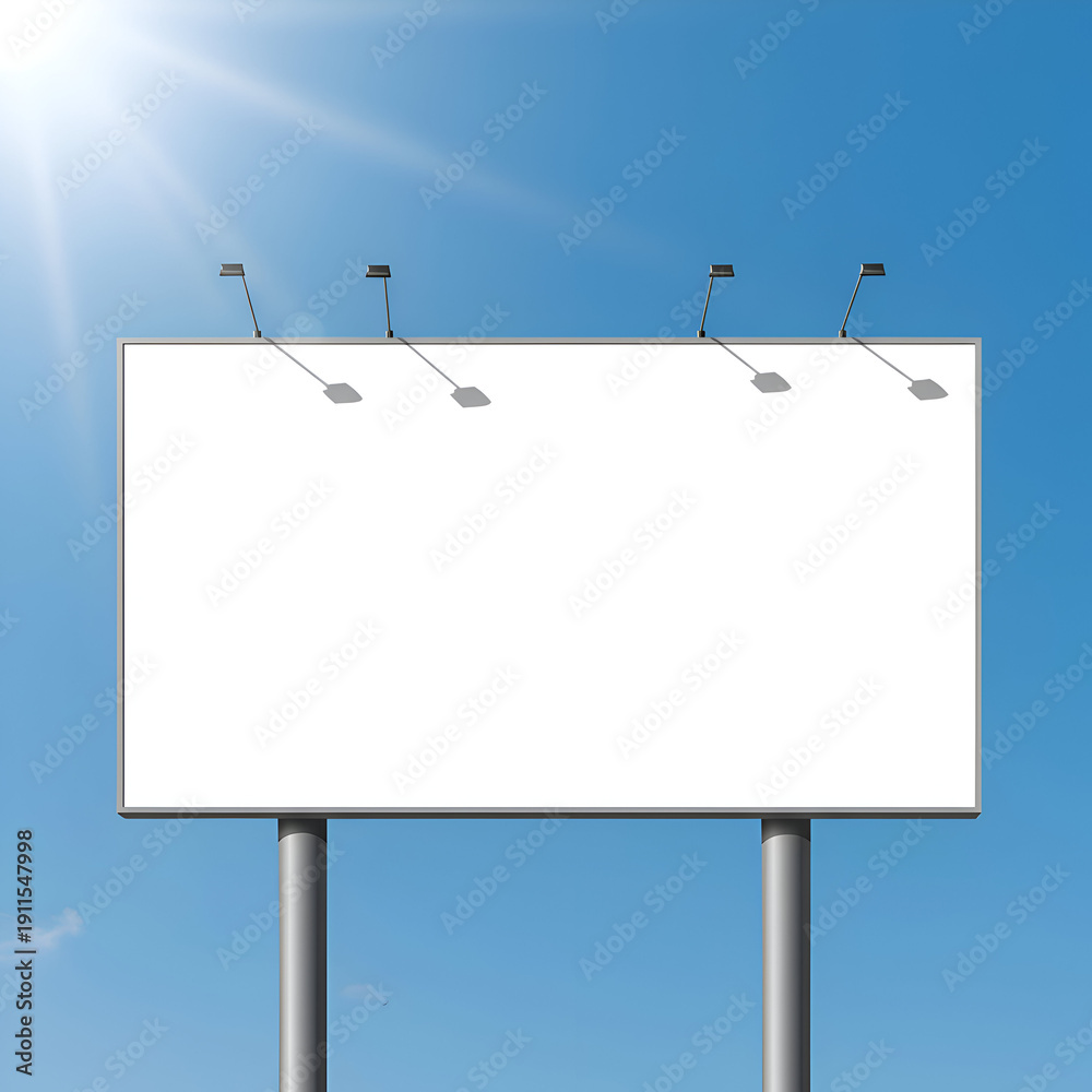 Obraz premium Empty billboard with streetlight mounting against a clear blue sky. Blank advertising space with shadows cast by street lights.