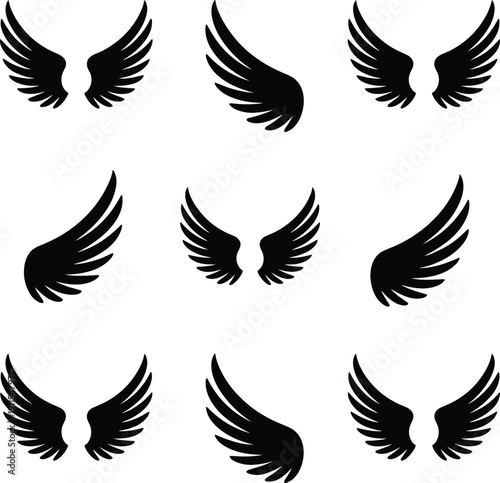 Black angel wings collection, isolated silhouette design set, flying bird feather emblem icons, gothic tattoo style illustration pack, for logos