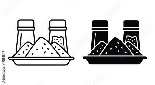 Three salt and pepper shakers icon set minimalist black and white kitchen dining tableware essentials vector illustration