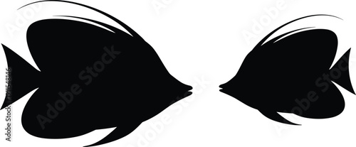 Black fish silhouette illustration featuring two symmetrical ornamental fish facing each other with elongated fins and tails, creative aquatic artwork design symbolizing balance, nature, and harmony