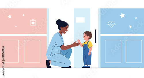 Illustration of Consultation with a Pediatrician. Doctor Talking to a Mother and Child in a Clinic for Health Advice