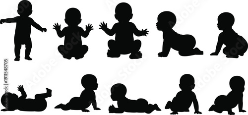 Baby silhouette set vector illustration, newborn infant crawling sitting standing lying poses black flat isolated collection design