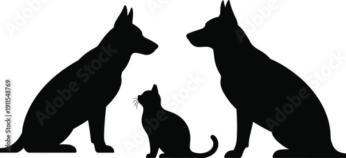 Black silhouette illustration featuring two dogs sitting on either side of a cat, creative artwork design symbolizing pets, companionship, balance, harmony, and nature