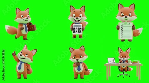 3D Claymation Animated Fox Office Professional Carrying Briefcase Brainstorming Thinking Deeply Working Hard Holding Clipboard Checking List and Using Calc