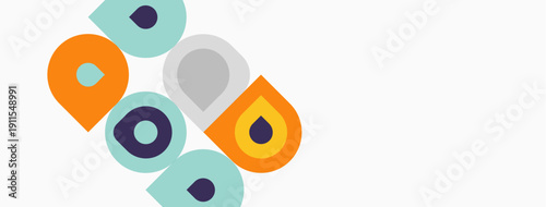 Colorful abstract shapes form playful design. Letters suggest branding or logo elements. Minimalist aesthetic with muted tones.