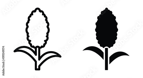 Black and White Silhouette of a Flowering Plant in Simple Design Style