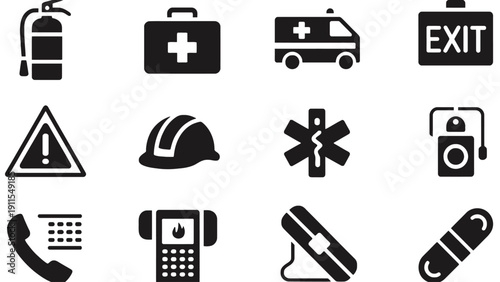 Emergency icons set including fire extinguisher and ambulance vector graphics