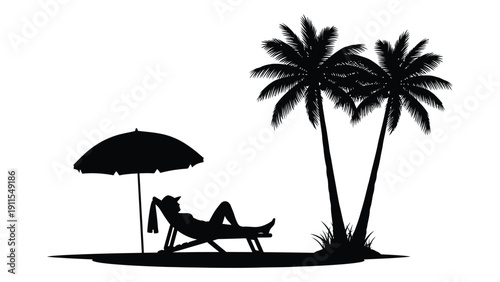 Silhouette of a person relaxing on a beach under an umbrella with palm trees. Vector