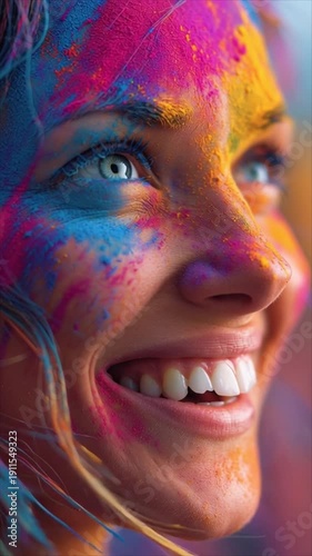 A vibrant holi celebration scene, a smiling woman covered in colorful powder, joyful emotions, outdoor event, close-up portrait