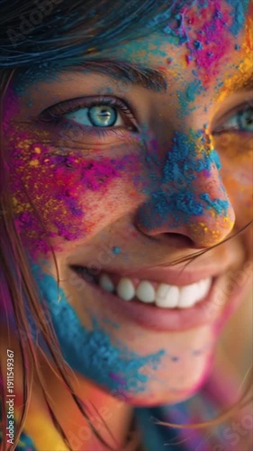 Vibrant holi celebration captured in a close-up portrait of a smiling young woman with colorful powder on her face