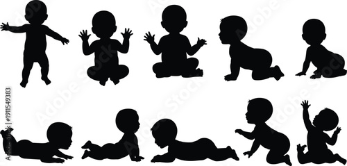 Baby silhouette collection vector illustration, newborn infant crawling sitting standing poses black isolated flat design set