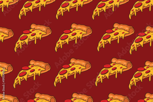 Seamless Hand-Drawn Pizza Slice Pattern on Red Vector Illustration 