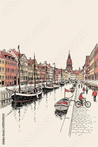 Copenhagen, Denmark Pen Line Art Illustration of City Landmark and Travel Scene