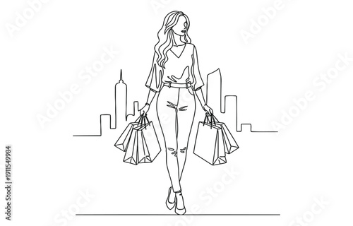 Continuous singe one line drawing art of happiness woman holding paper shopping bags.