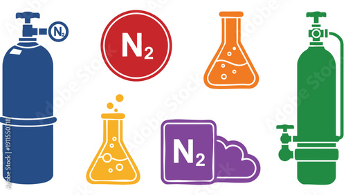 Nitrogen gas cylinder vector illustration with beakers and chemical symbols