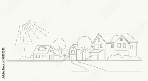 Vector illustration of a suburban neighborhood with houses and trees under a sunny sky