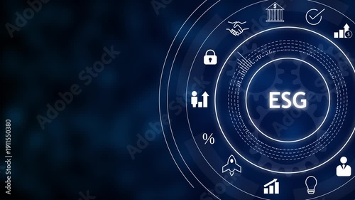 Futuristic blue digital interface highlighting esg text with circular hud rings and finance, compliance, security, and sustainability icons around a globe concept background.