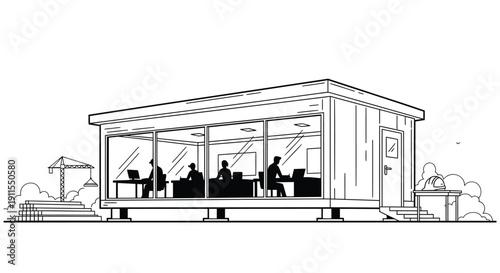 Vector illustration of a modern glass office building with people working inside isolated on white background