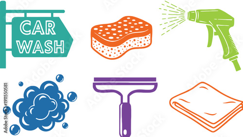 Car wash vector icons set for cleaning service illustration