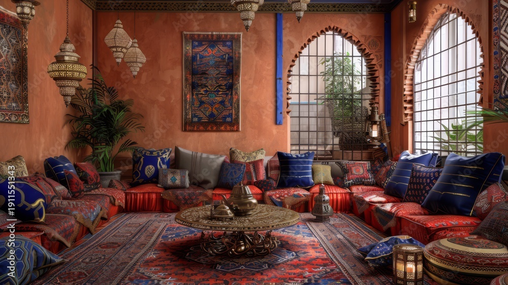 Obraz premium Authentic Moroccan Majlis with Red Seating and Intricate Lanterns